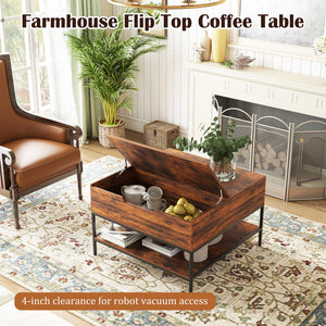 English Elm Farmhouse Flip Top Coffee Table With Hidden Storage – Rustic Wood & Metal Design For Stylish Living Rooms T2398P354184
