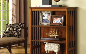 English Elm Transitional Oak Media Shelf with Lattice Molding, Solid Wood Five Open Shelves 23"W x 42.5"H B2741P342788