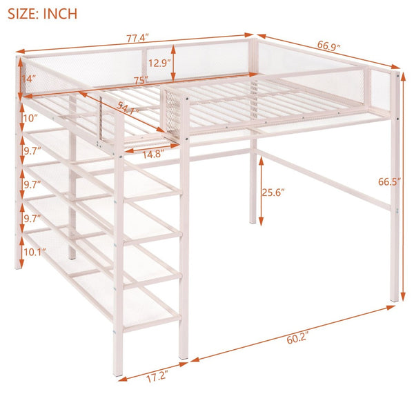 English Elm Full Size Metal Loft Bed with 4-tier Shelving Ladder for Kids or Teen Rooms Pink SF000247AAH