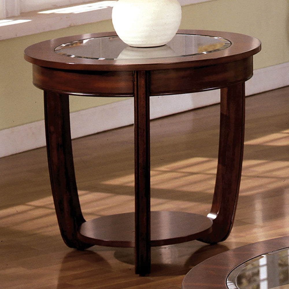 English Elm Dark Cherry Round End Table Beveled Glass Top Open Shelf Transitional Living Room B011P246325
