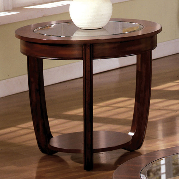 English Elm Dark Cherry Round End Table Beveled Glass Top Open Shelf Transitional Living Room B011P246325