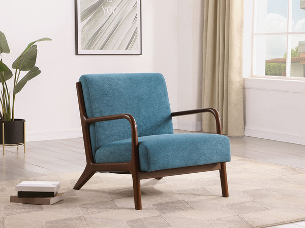 English Elm 1pc Mid-century Modern Accent Armchair with Curved Wood Frame, Soft Upholstery, Splayed Legs for Cozy Spaces Blue,Cappuccino 32 L x 31 W x 18.25 H B011P308536