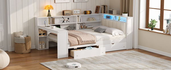 English Elm Wood Full Size Gaming Loft Bed with Integrated Desk, Shelves, LED Lighting & Hanging Clothes Rack Beige+White N7090001047K