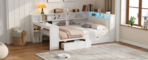 English Elm Wood Full Platform Bed with Led Headboard Built-in Desk Charging Station and Storage Shelves Beige+White N7090001047K-1