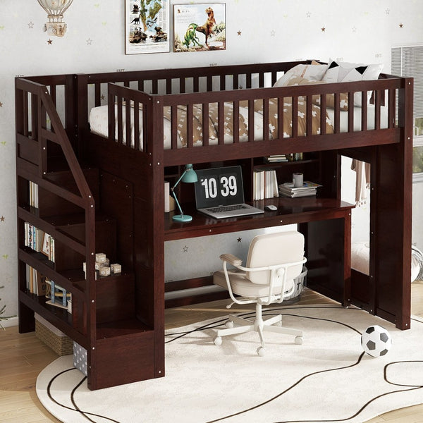 English Elm Twin Loft Bed with Movable Desk Open Shelving and Storage Stairs in Espresso W1580S00336