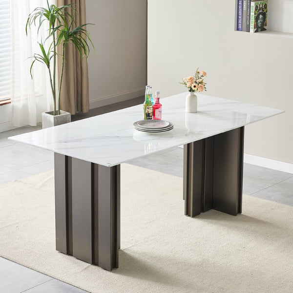 English Elm 69.30 Inch Rectangular Dining Table Marble Pattern Top with Polished Steel Legs Seats Six W3357S00002