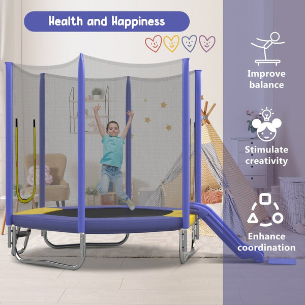 English Elm 7ft Hexagonal Kids Outdoor Trampoline with Enclosure Net Slide and Ladder Purple N739P272805A
