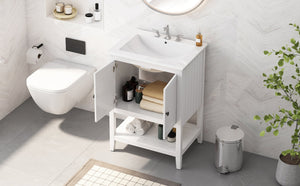 English Elm 24" Morandi White Bathroom Vanity with Ceramic Sink, Solid Wood Frame & Open Shelf, Modern Elegance N725P189823K