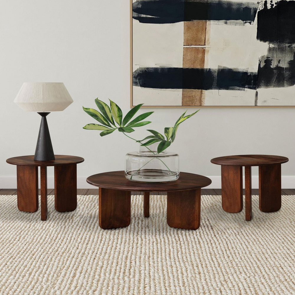 English Elm Columbo Solid Mango Wood 3 Piece Round Table Set for Modern Living Rooms B062S01476