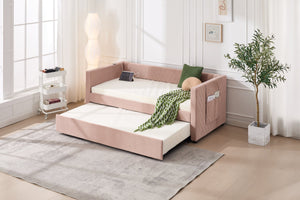 English Elm Twin Velvet Upholstered Daybed with Trundle, V-Pattern Backrest, USB Port, Side Pockets, Sturdy Design Pink W1361S00042