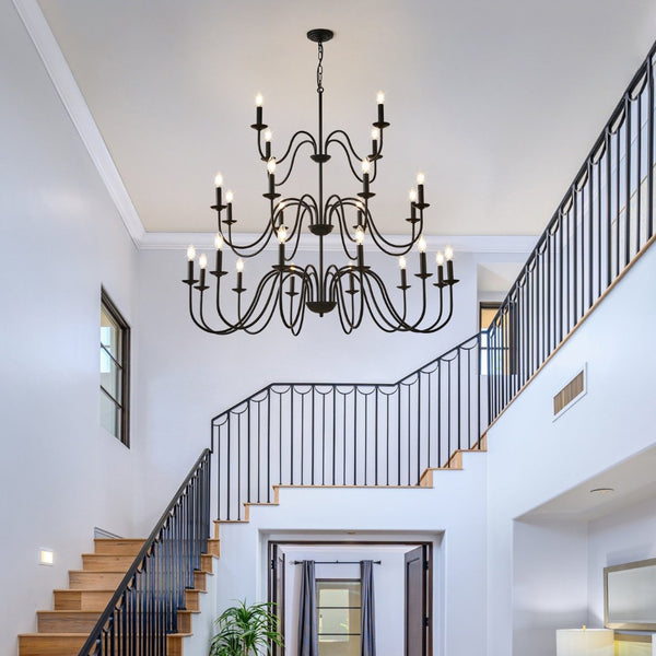 English Elm Farmhouse 24 Light Black Metal Chandelier for High Ceiling Dining and Living Rooms W5008P391535