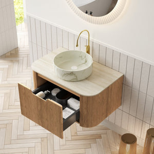 English Elm Muri Floating Bathroom Vanity Plywood Cabinet Sintered Stone Top Oak Drawer Beige,Natural Wood,White W2615S00508