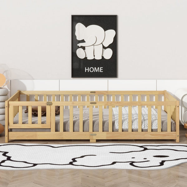 English Elm Twin Low Profile Rubberwood Floor Bed with Full Safety Fence for Toddler Rooms Natural W504P429273