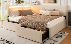 English Elm Twin Boucle Upholstered Bed with Cloud Headboard Storage Drawers and Led Lighting W1670P410466