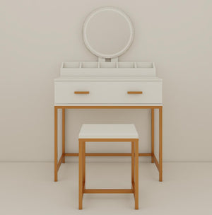 English Elm Vanity Chic Ancient White Makeup Table with Mirror & Stool, Gold Accents, Compact Storage for Small Spaces W2139P306366