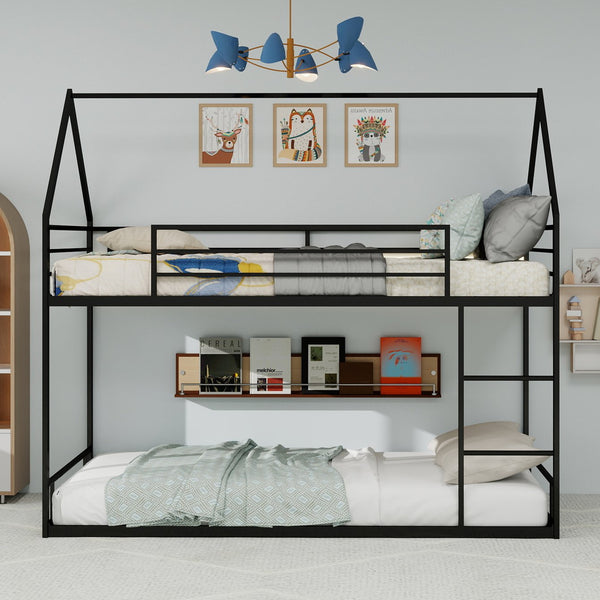 English Elm Metal Twin over Twin Bunk Bed Sturdy Heavy-Duty Frame with Silent Slats, 13" Guardrail & Ladder Black W1935P330797