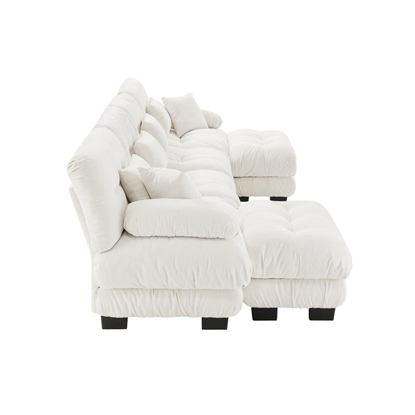 English Elm Free Modular Sectional Sofa – U-Shaped 4-Seater Cloud Couch With 2 Ottomans In Soft Chenille White W714S01006