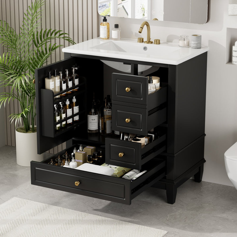 English Elm Christopher Knight Home® - 30" Freestanding Bathroom Vanity with Ceramic Sink, Soft-Close Door, Gold Knobs & 3 Drawers, Durable Painted Finish Black N759P225994B