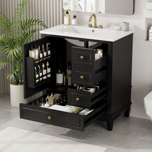 English Elm Christopher Knight Home® - 30" Freestanding Bathroom Vanity with Ceramic Sink, Soft-Close Door, Gold Knobs & 3 Drawers, Durable Painted Finish Black N759P225994B