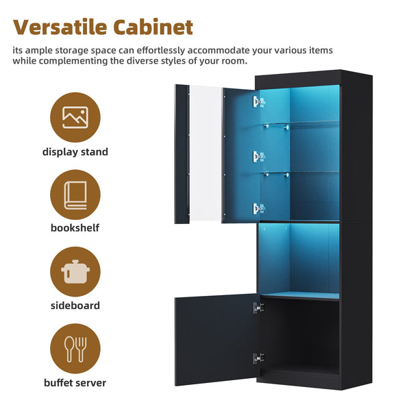 English Elm ON-TREND High Gloss LED Storage Cabinet with Acrylic Door, Tempered Glass Shelves & Anti-Tip Safety Black N721P192842B