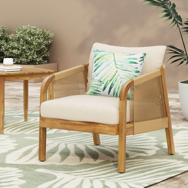English Elm Christopher Knight Home® - Set of 2 Acacia Wood Outdoor Club Chairs with Wicker, Teak Finish & Beige Cushions, Deep Seat Comfort 72409.00LBGE-2