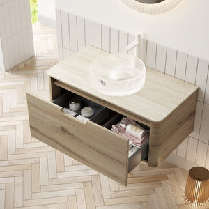 English Elm Xai 36" Modern Floating Bathroom Vanity With Glass Basin, Travertine Top & Soft-Close Drawers W2615S00282-GIGA