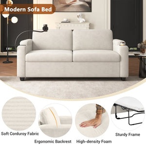 English Elm 72.8" Corduroy Sleeper Sofa Loveseat with Full Mattress, USB Charging, Cup Holders, Storage Pockets Beige N719P208880A