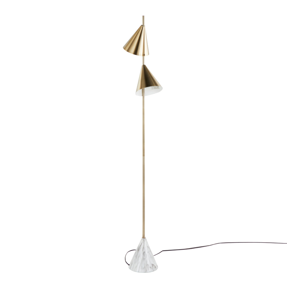 English Elm Cone 65" Glam Metal Floor Lamp with Brushed Finish, White Faux Marble Base, Dual Cone Shades, LED Gold B202P224137