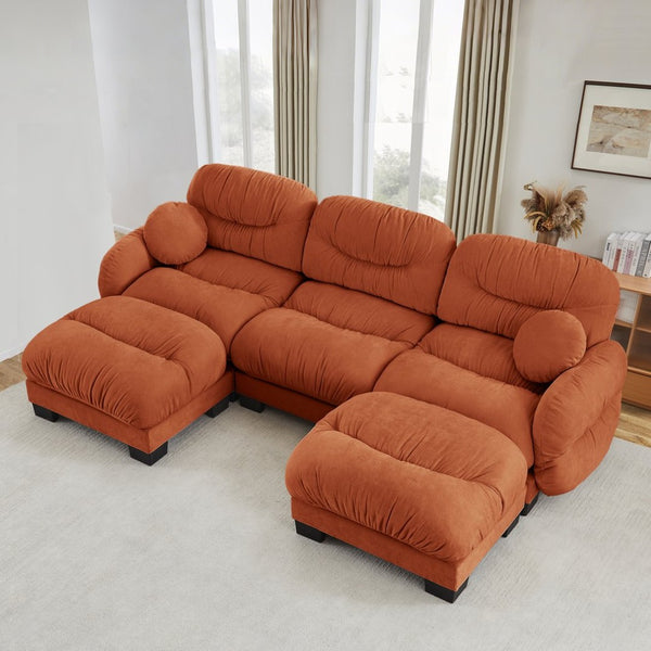 English Elm Pleated Chenille U-shape Sectional Sofa with Ottomans Ergonomic Foam Curved Armrests Orange W5656S00069