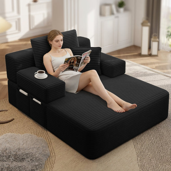 English Elm Luxurious Corduroy Convertible Chaise Lounge Sofa Bed with Foam Support for Apartments Black W3219P449015
