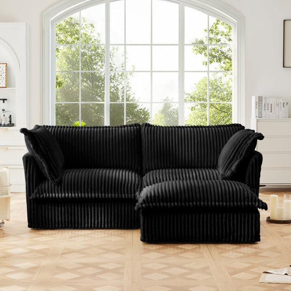 English Elm Slipcovered Sectional 2 Seater Sofa With Convertible Ottoman, Soft Black Corduroy & Deep Comfort W3041S00095-GIGA
