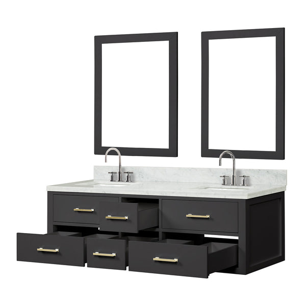 English Elm Castor 60 in Black Double Bath Vanity with Carrara Marble Top, Chrome Faucets & 28" Mirrors - Luxurious Oak Finish B2731P336964