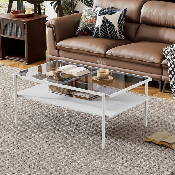 English Elm Rectangle Coffee Table - Modern Gray Tempered Glass Top With Stylish White Legs For Living Room Elegance W241139569-GIGA