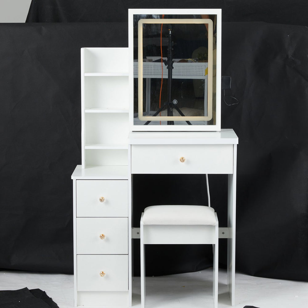 English Elm 29.2" Compact Vanity Set With Touch-Control Led Mirror, Stylish Stool & Ample Storage For Small Spaces W936P226033