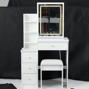 English Elm 29.2" Compact Vanity Set With Touch-Control Led Mirror, Stylish Stool & Ample Storage For Small Spaces W936P226033