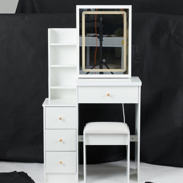 English Elm 29.2" Compact Vanity Set With Touch-Control Led Mirror, Stylish Stool & Ample Storage For Small Spaces W936P226033