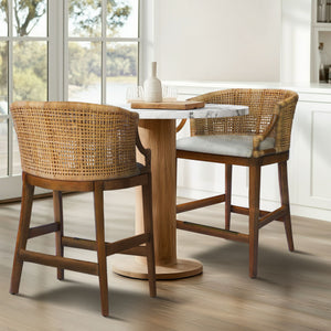 JLA Home Martha Stewart - Handcrafted Rattan & Wood Counter Stool with Curved Back, Upholstered Seat, Footrest, 25" H MT104-0169