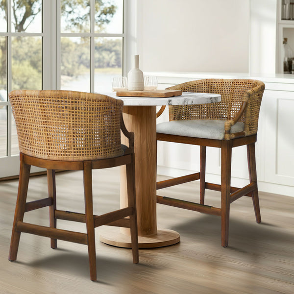 JLA Home Martha Stewart - Handcrafted Rattan & Wood Counter Stool with Curved Back, Upholstered Seat, Footrest, 25" H MT104-0169