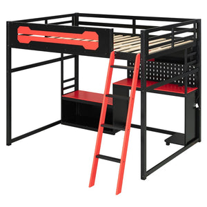 English Elm Full Size Gaming Loft Bed with Built-in Desk Led Lighting Usb Ports and Pegboard Black+Red LT000270AAR