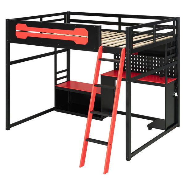 English Elm Full Size Gaming Loft Bed with Built-in Desk Led Lighting Usb Ports and Pegboard Black+Red LT000270AAR