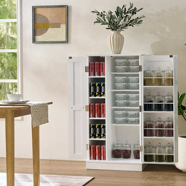English Elm Kitchen Pantry Storage Cabinet White - Freestanding MDF Pantry with 5 Adjustable Shelves & Door Organizers, Compact 23.6"W x 15.75"D x 46.8"H W3417P315037