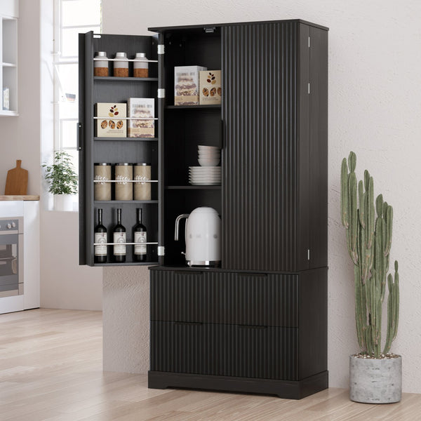 English Elm 72" Modern Fluted Pantry Cabinet with 2 Large Silent Drawers, 8-Door Spice Rack & Adjustable Shelf Organizer Black W2917P294988