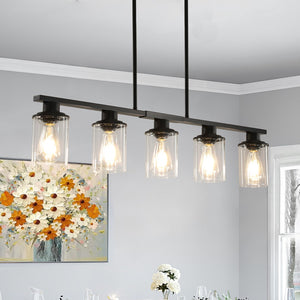 English Elm Modern Industrial 5-Light Chandelier With Clear Glass Shades, Matte Black Metal Frame Hanging Ceiling Light Fixture For Dining Room, Kitchen Island, Living Room (No Bulbs)