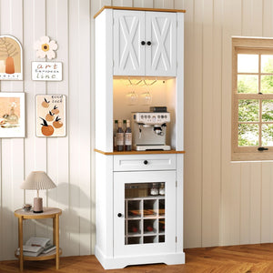 English Elm Bar Cabinet Farmhouse 69 Inch with Rgb Led Barn Door Wine Rack and Charging Station White N728P438603W