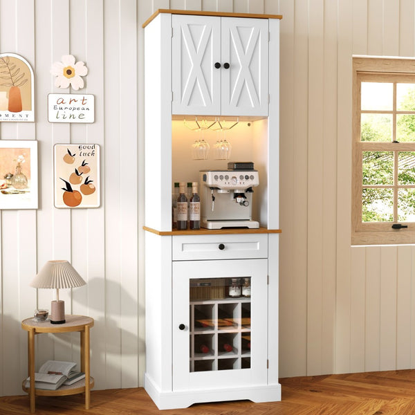 English Elm Bar Cabinet Farmhouse 69 Inch with Rgb Led Barn Door Wine Rack and Charging Station White N728P438603W