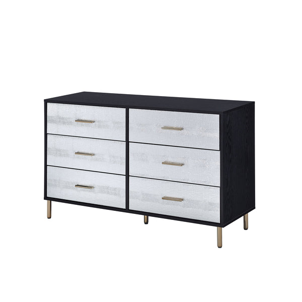 English Elm Myles Faux Crocodile Six-Drawer Dresser with Metal Legs, Full KD Frame, Durable Veneer Finish Black,Gold,Silver 54 L x 22 W x 9 H B2726P286618