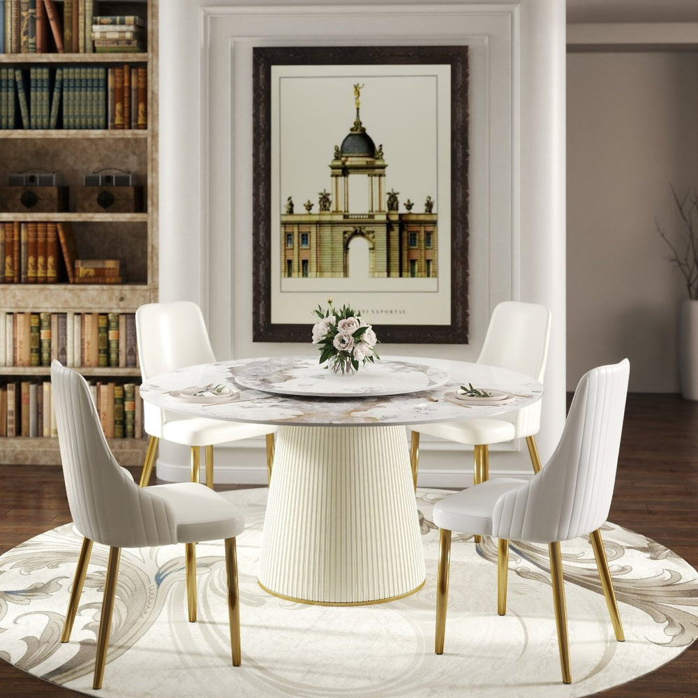 English Elm 59.05 Round Sintered Stone Dining Table with Turntable Pedestal Base Seats Eight W1535S00635