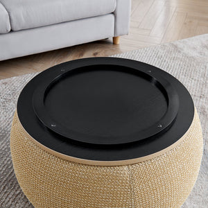 English Elm Round Storage Ottoman with Rattan Fabric Top — 2-in-1 End Table & Seat, Removable Lid, 250lb Capacity W487P215089