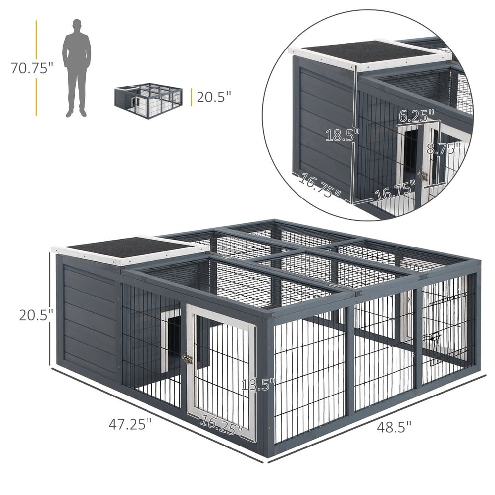 English Elm Small Animal Rabbit Hutch Fir Wood Outdoor Run with Weather Resistant Roof Two Zone T3971P436380