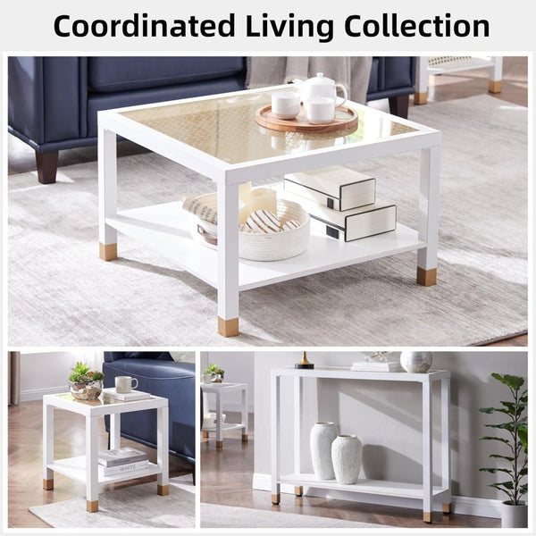 English Elm Industrial Square Coffee Table with Gold Mesh Tempered Glass Top and Matte Steel Legs White+Gold W3587P456310